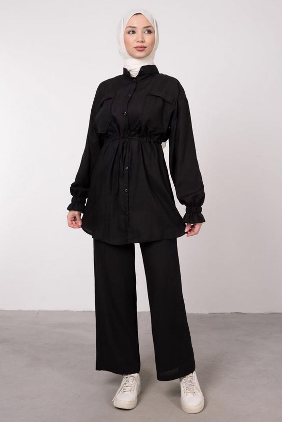 Tesettür giyim SİYAH CEP DETAYLI KETEN GÖRÜNÜMLÜ PANTOLONLU TAKIM T 9985