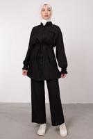 Tesettür giyim SİYAH CEP DETAYLI KETEN GÖRÜNÜMLÜ PANTOLONLU TAKIM T 9985