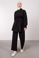 Tesettür giyim SİYAH CEP DETAYLI KETEN GÖRÜNÜMLÜ PANTOLONLU TAKIM T 9985