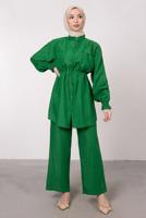 Tesettür giyim YEŞİL CEP DETAYLI KETEN GÖRÜNÜMLÜ PANTOLONLU TAKIM T 9985