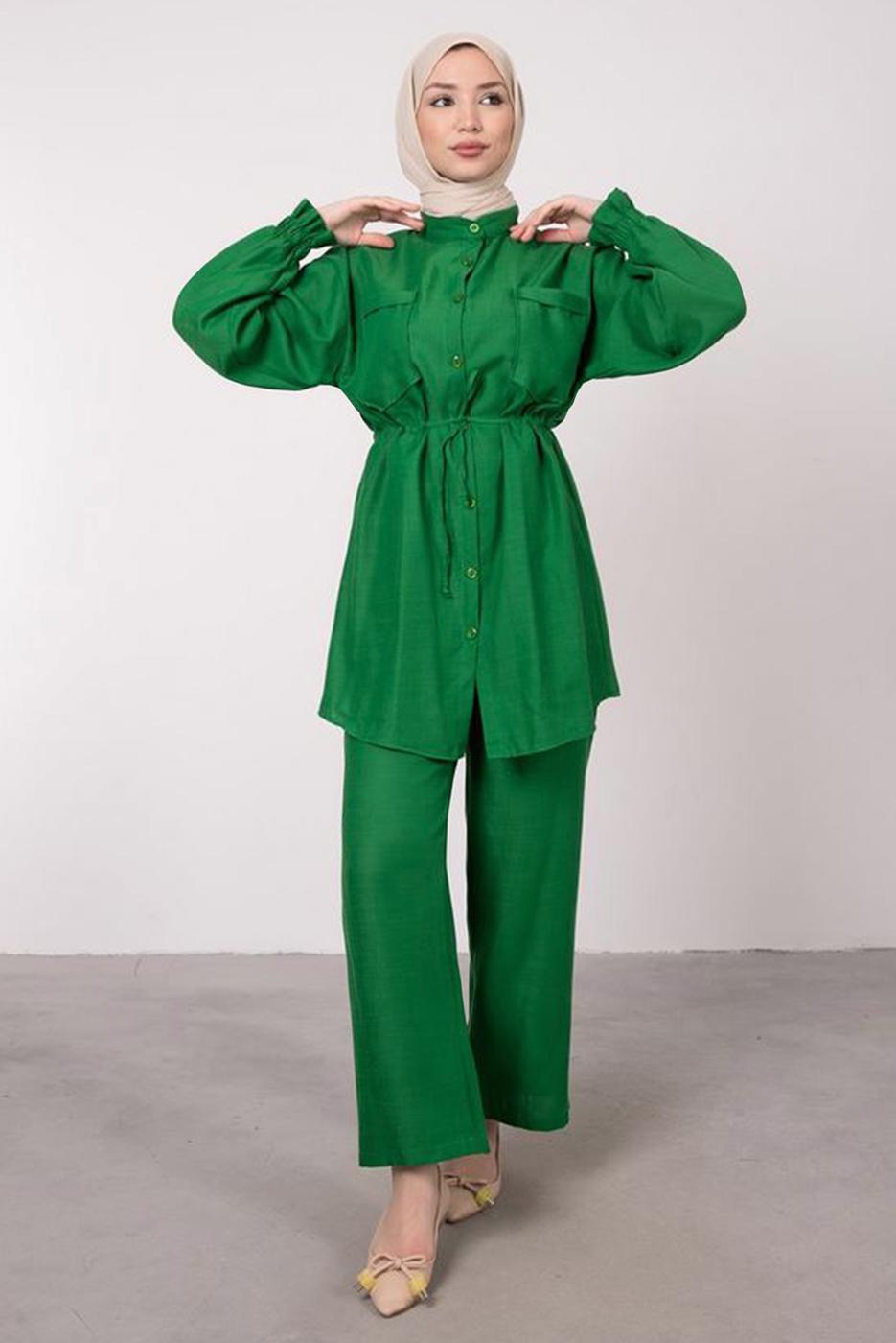Tesettür giyim YEŞİL CEP DETAYLI KETEN GÖRÜNÜMLÜ PANTOLONLU TAKIM T 9985