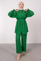 Tesettür giyim YEŞİL CEP DETAYLI KETEN GÖRÜNÜMLÜ PANTOLONLU TAKIM T 9985