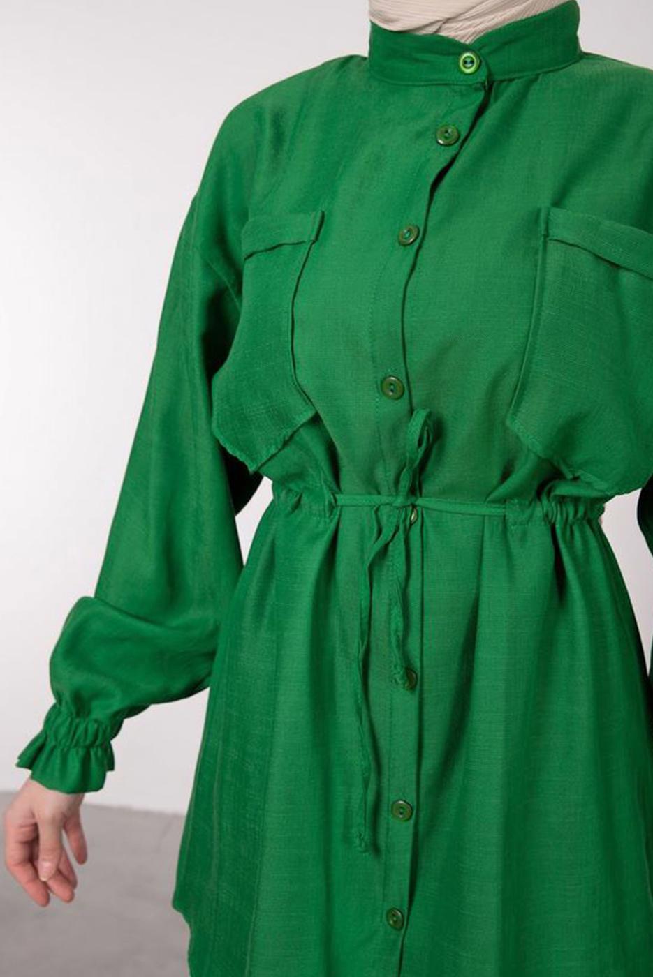 Tesettür giyim YEŞİL CEP DETAYLI KETEN GÖRÜNÜMLÜ PANTOLONLU TAKIM T 9985