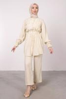 Tesettür giyim BEJ CEP DETAYLI KETEN GÖRÜNÜMLÜ PANTOLONLU TAKIM T 9985