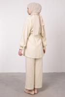 Tesettür giyim BEJ CEP DETAYLI KETEN GÖRÜNÜMLÜ PANTOLONLU TAKIM T 9985