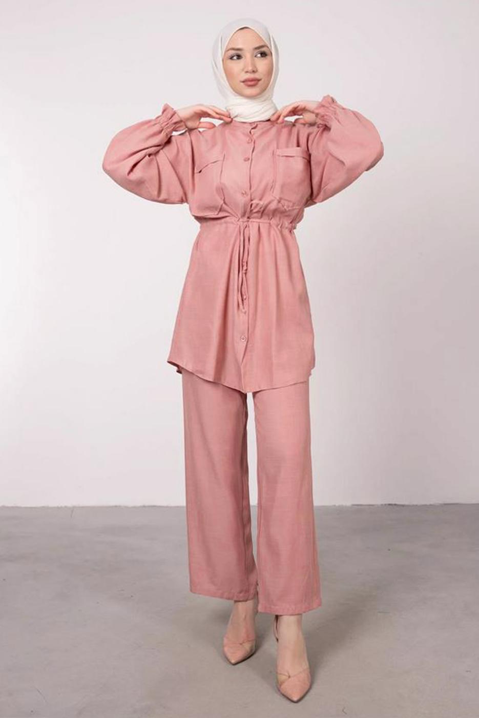 Tesettür giyim PUDRA CEP DETAYLI KETEN GÖRÜNÜMLÜ PANTOLONLU TAKIM T 9985