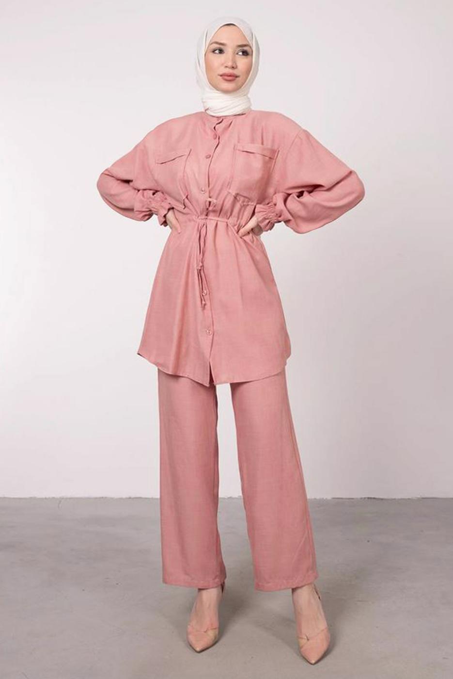 Tesettür giyim PUDRA CEP DETAYLI KETEN GÖRÜNÜMLÜ PANTOLONLU TAKIM T 9985