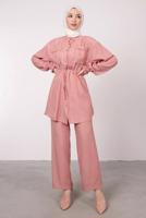 Tesettür giyim PUDRA CEP DETAYLI KETEN GÖRÜNÜMLÜ PANTOLONLU TAKIM T 9985