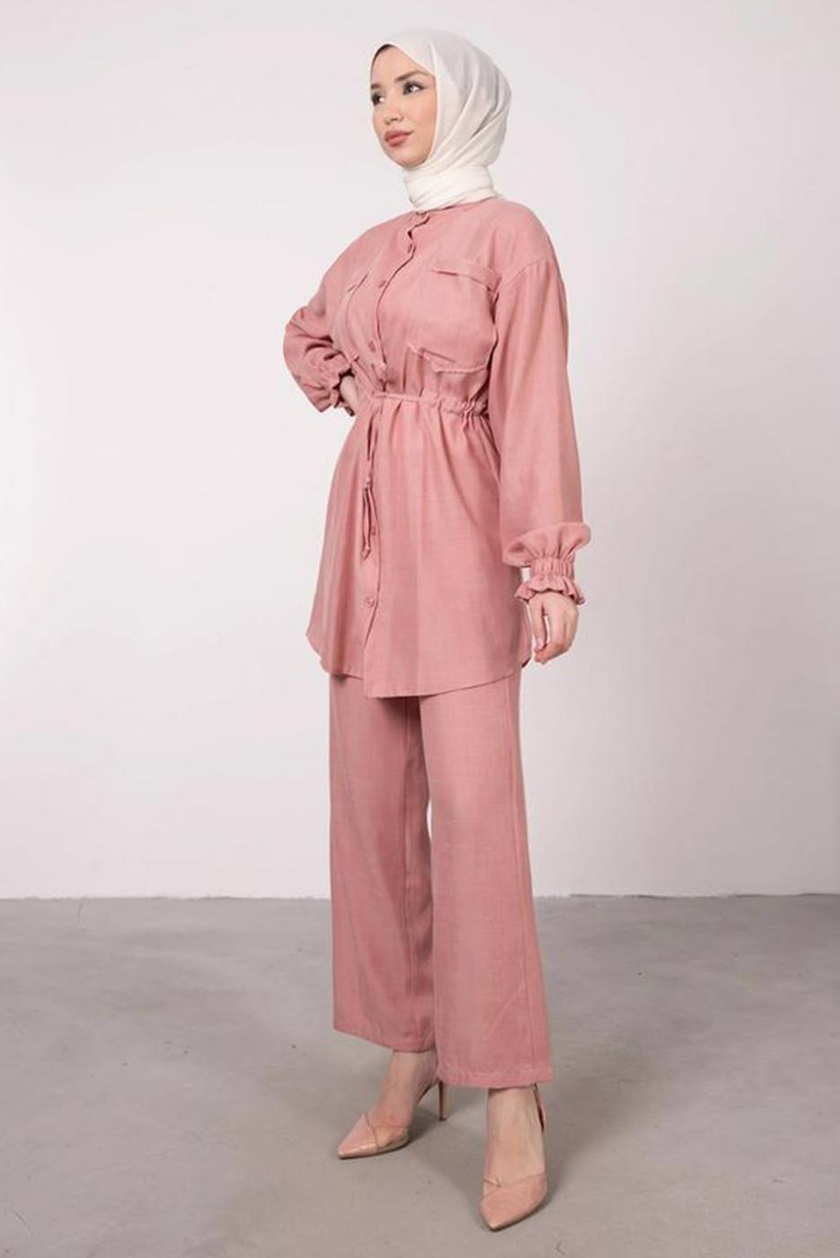 Tesettür giyim PUDRA CEP DETAYLI KETEN GÖRÜNÜMLÜ PANTOLONLU TAKIM T 9985