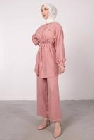 Tesettür giyim PUDRA CEP DETAYLI KETEN GÖRÜNÜMLÜ PANTOLONLU TAKIM T 9985