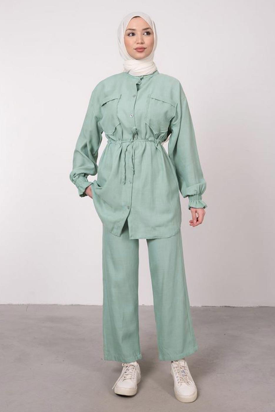 Tesettür giyim MAVİ CEP DETAYLI KETEN GÖRÜNÜMLÜ PANTOLONLU TAKIM T 9985