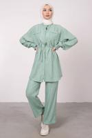 Tesettür giyim MAVİ CEP DETAYLI KETEN GÖRÜNÜMLÜ PANTOLONLU TAKIM T 9985