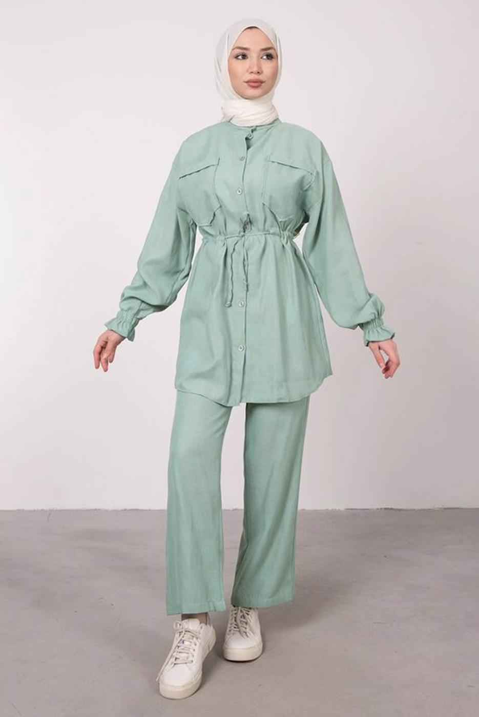 Tesettür giyim MAVİ CEP DETAYLI KETEN GÖRÜNÜMLÜ PANTOLONLU TAKIM T 9985