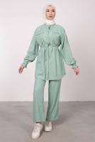Tesettür giyim MAVİ CEP DETAYLI KETEN GÖRÜNÜMLÜ PANTOLONLU TAKIM T 9985