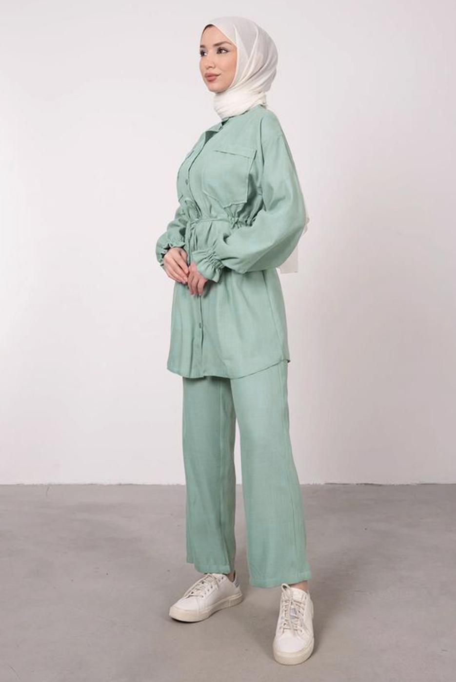 Tesettür giyim MAVİ CEP DETAYLI KETEN GÖRÜNÜMLÜ PANTOLONLU TAKIM T 9985