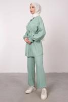 Tesettür giyim MAVİ CEP DETAYLI KETEN GÖRÜNÜMLÜ PANTOLONLU TAKIM T 9985