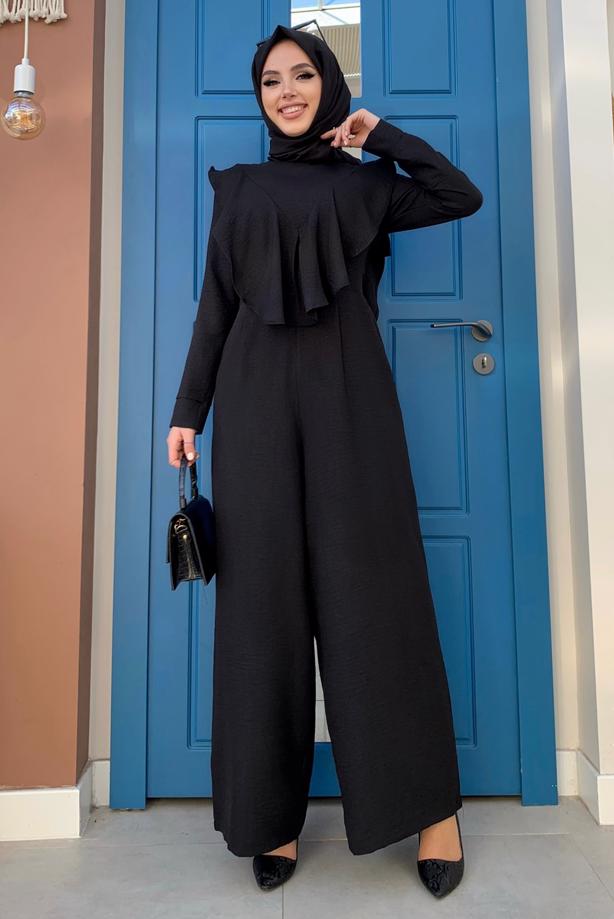 Tesettür giyim SİYAH FIRFIR DETAYLI GENİŞ PAÇA TULUM T 0873 - TRENDTESETTÜR