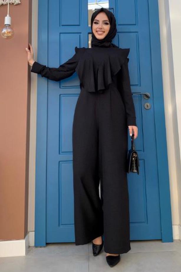 Tesettür giyim SİYAH FIRFIR DETAYLI GENİŞ PAÇA TULUM T 0873 - TRENDTESETTÜR