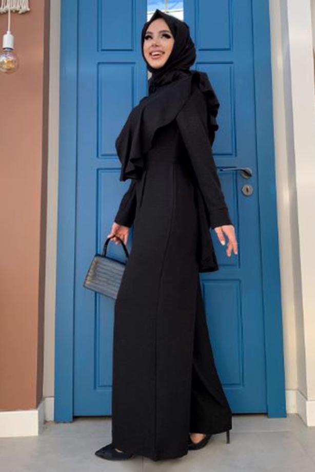 Tesettür giyim SİYAH FIRFIR DETAYLI GENİŞ PAÇA TULUM T 0873 - TRENDTESETTÜR