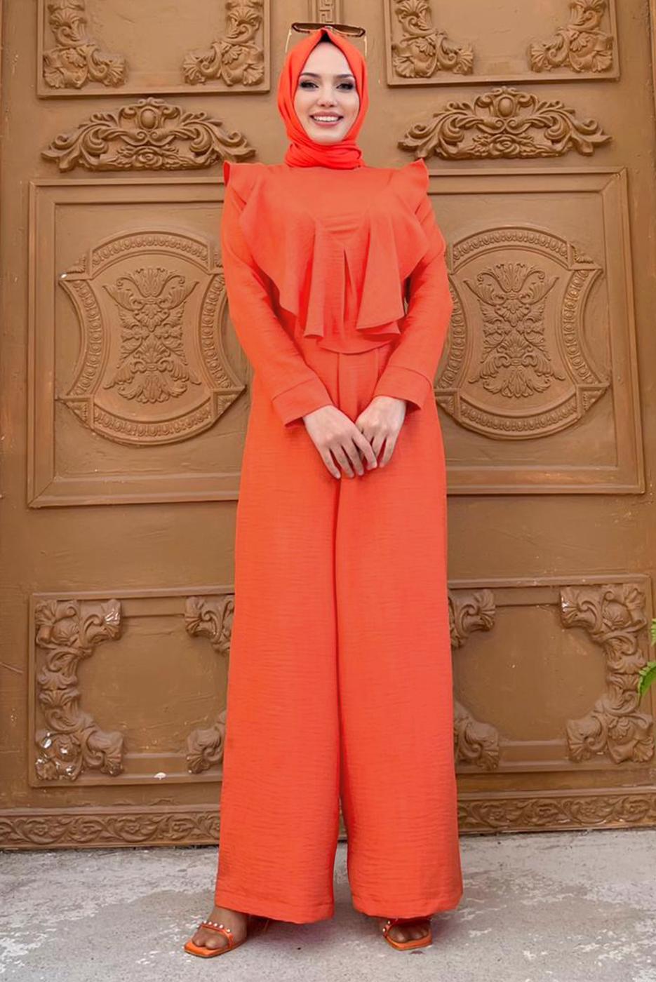 Hijab clothing ORANGE RUFFLED WIDE LEG OVERALLS T 0873