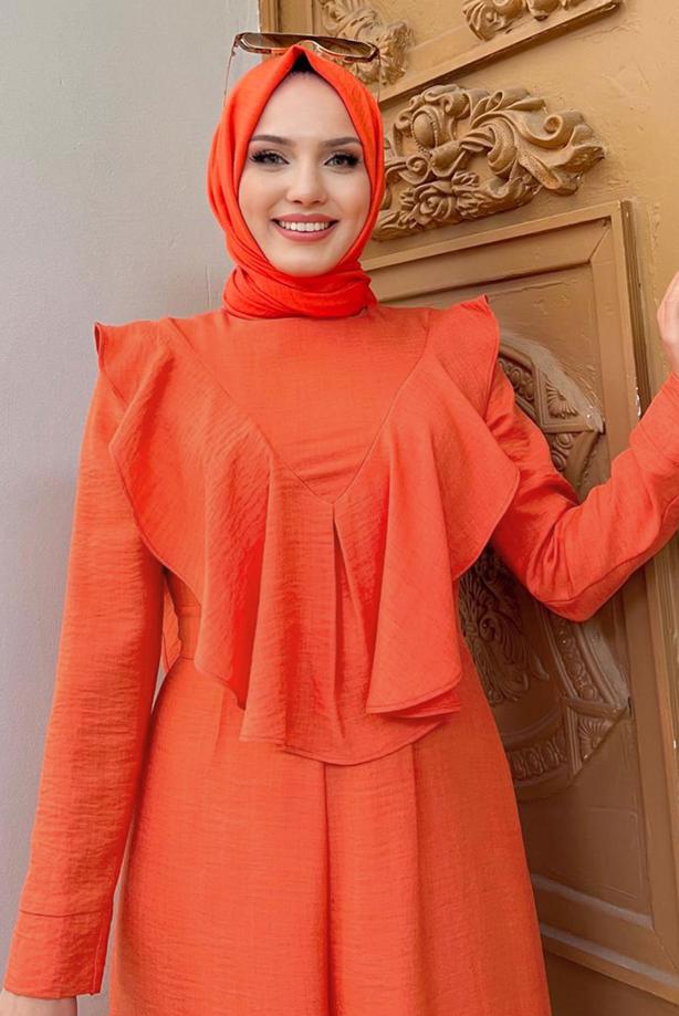 Tesettür giyim TURUNCU FIRFIR DETAYLI GENİŞ PAÇA TULUM T 0873 - TRENDTESETTÜR
