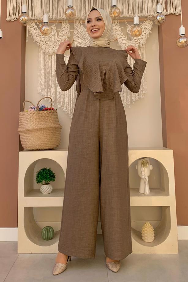 Tesettür giyim KAHVE FIRFIR DETAYLI GENİŞ PAÇA TULUM T 0873 - TRENDTESETTÜR