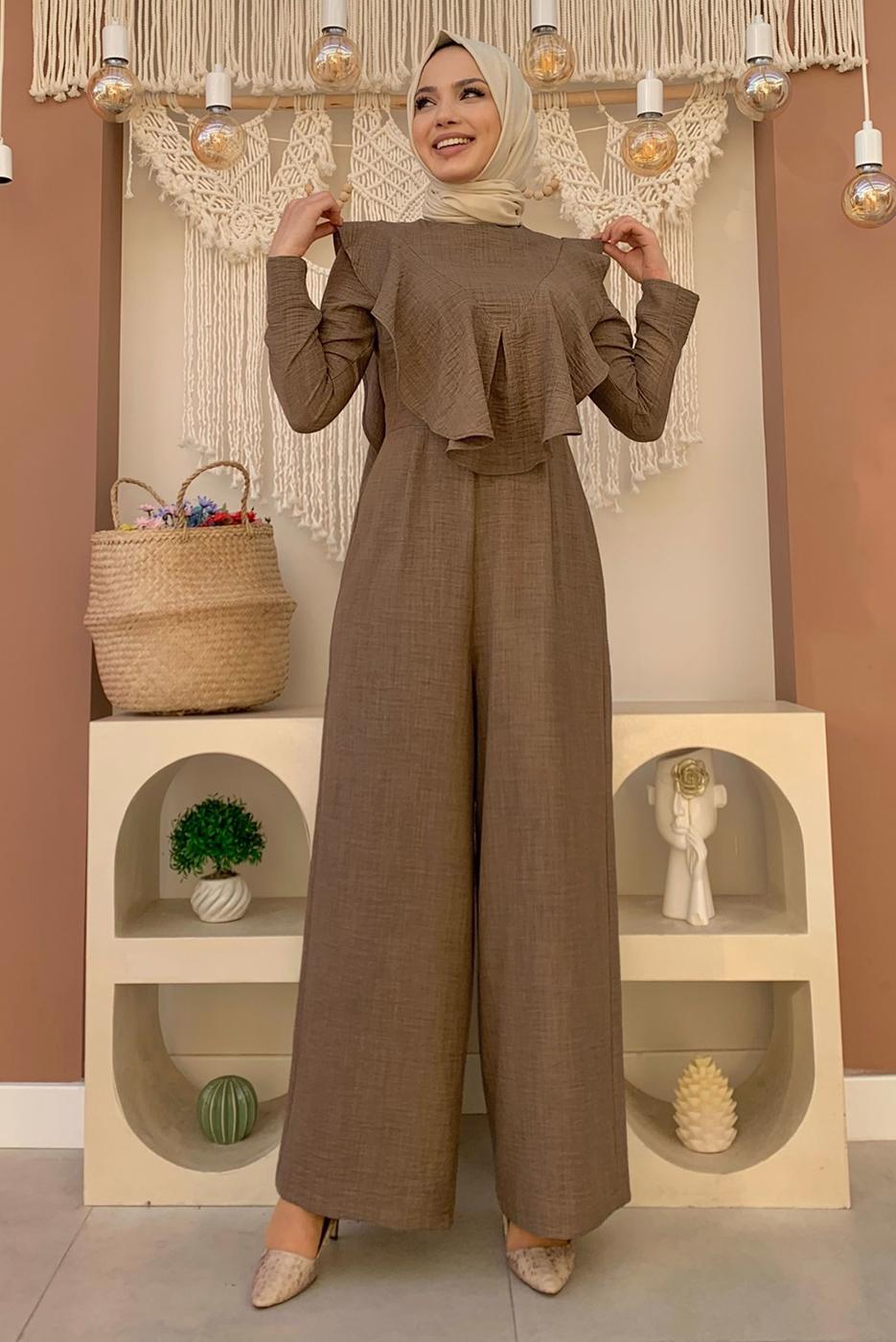 Tesettür giyim KAHVE FIRFIR DETAYLI GENİŞ PAÇA TULUM T 0873