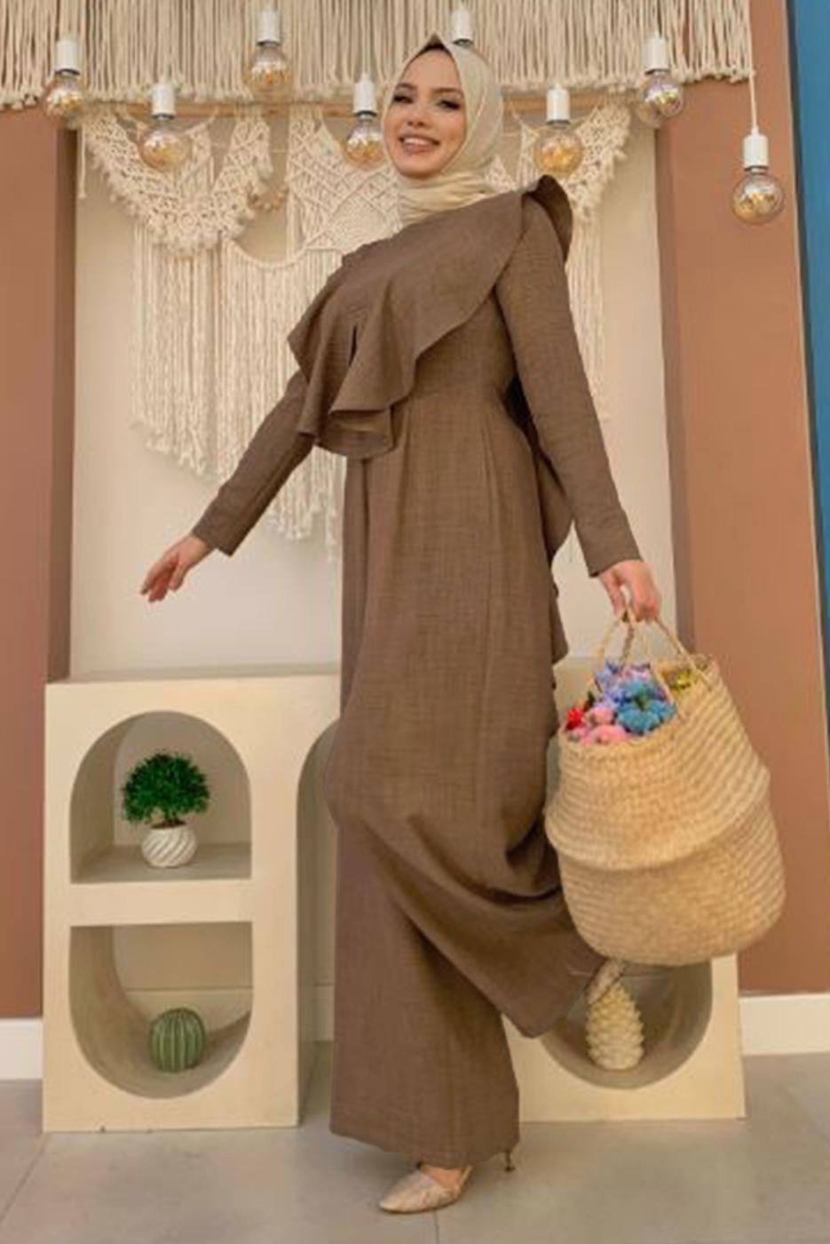 Tesettür giyim KAHVE FIRFIR DETAYLI GENİŞ PAÇA TULUM T 0873