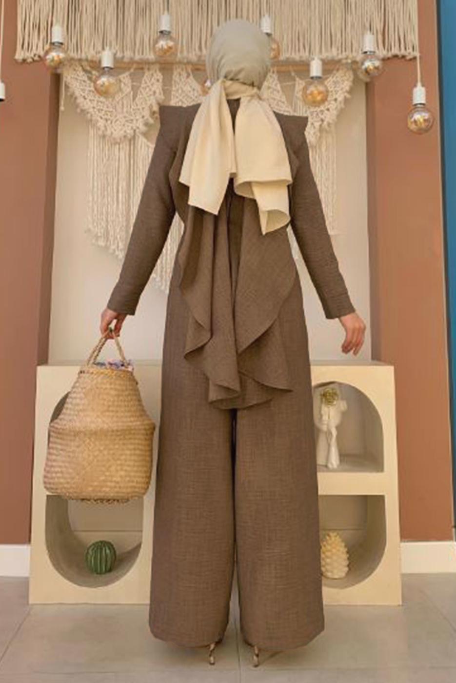 Tesettür giyim KAHVE FIRFIR DETAYLI GENİŞ PAÇA TULUM T 0873