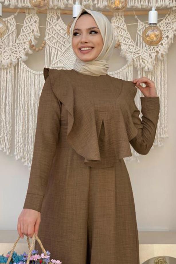 Tesettür giyim KAHVE FIRFIR DETAYLI GENİŞ PAÇA TULUM T 0873 - TRENDTESETTÜR
