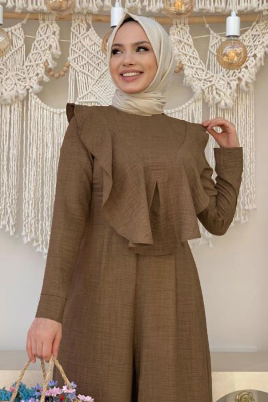 Tesettür giyim KAHVE FIRFIR DETAYLI GENİŞ PAÇA TULUM T 0873