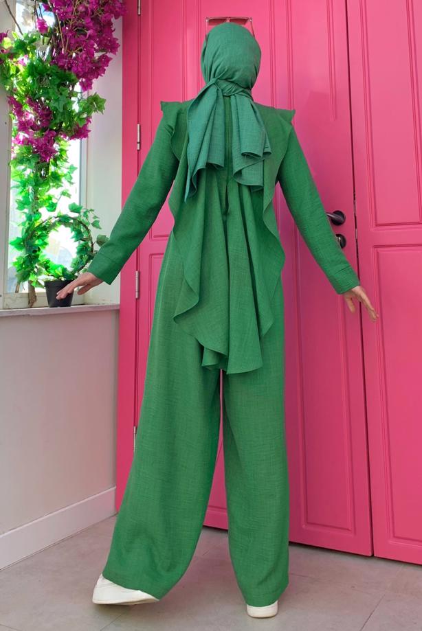 Tesettür giyim YEŞİL FIRFIR DETAYLI GENİŞ PAÇA TULUM T 0873 - TRENDTESETTÜR