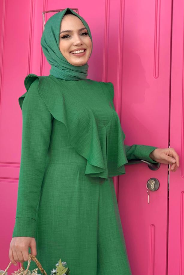 Tesettür giyim YEŞİL FIRFIR DETAYLI GENİŞ PAÇA TULUM T 0873 - TRENDTESETTÜR
