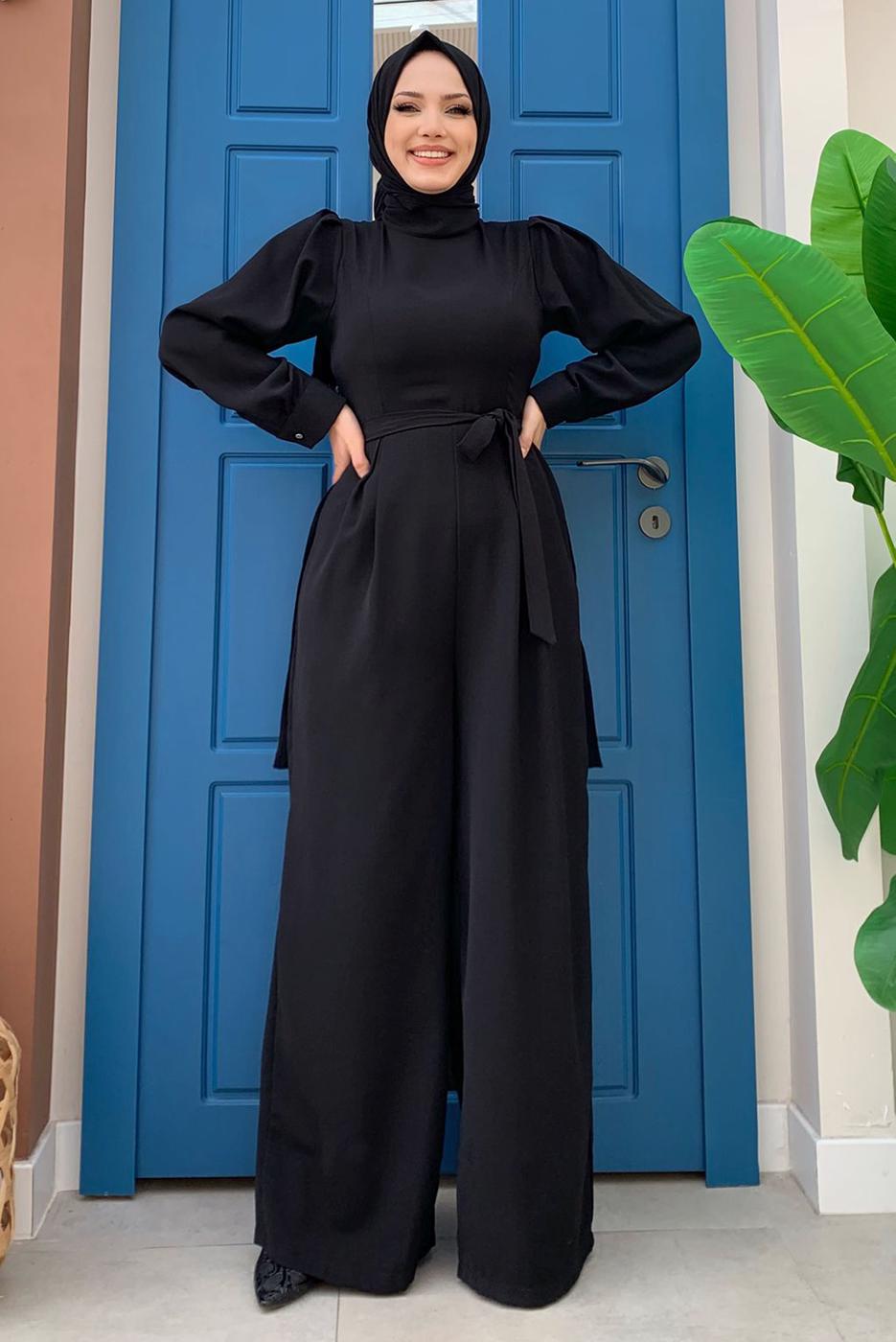 Hijab clothing BLACK BELTED WIDE LEG OVERALLS T 1473