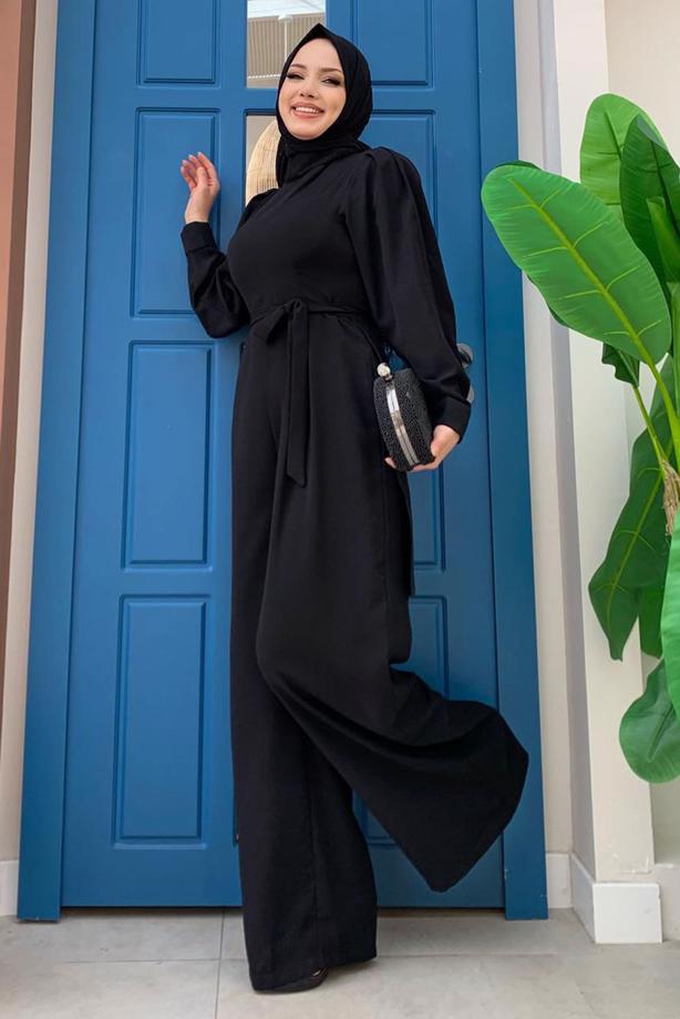 Vêtements hijab NOIR SALOPETTE LARGE AVEC CEINTURE T 1473 - TRENDTESETTÜR