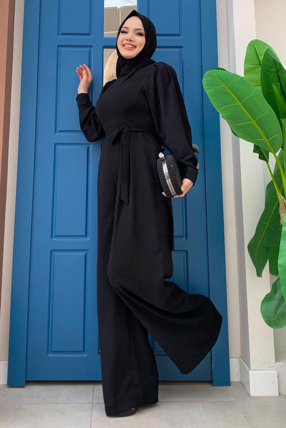 Hijab clothing BLACK BELTED WIDE LEG OVERALLS T 1473