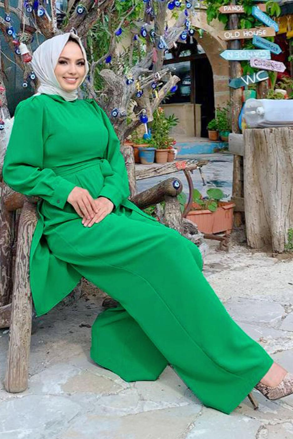 Hijab clothing GREEN BELTED WIDE LEG OVERALLS T 1473	