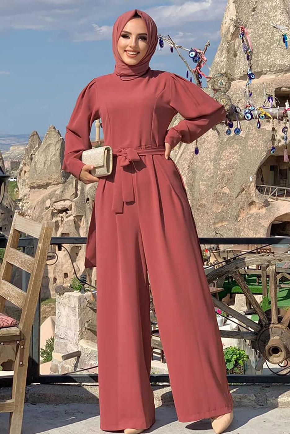 Tesettür giyim PEMBE KUŞAKLI GENİŞ PAÇA TULUM T 1473