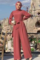 Tesettür giyim PEMBE KUŞAKLI GENİŞ PAÇA TULUM T 1473