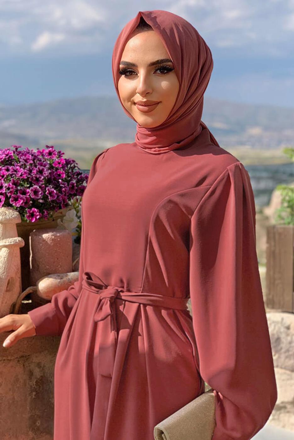 Tesettür giyim PEMBE KUŞAKLI GENİŞ PAÇA TULUM T 1473