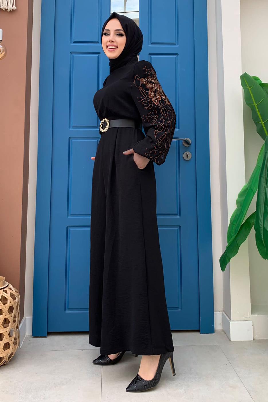 Vêtements hijab NOIR SALOPETTE LARGE MANCHES BRODÉES T 2673
