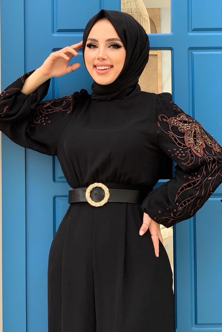 Vêtements hijab NOIR SALOPETTE LARGE MANCHES BRODÉES T 2673