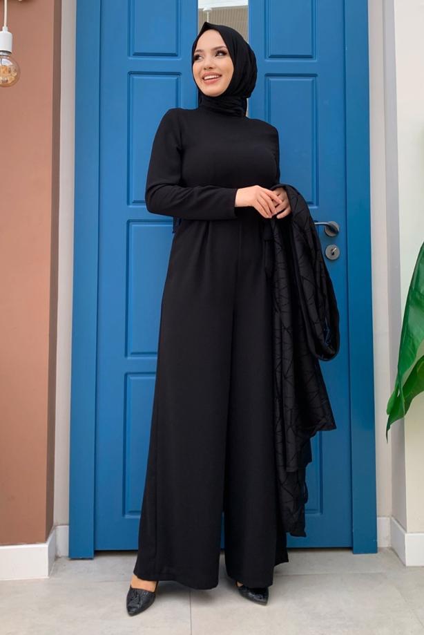 Tesettür giyim SİYAH DANTEL DETAYLI İKİLİ TULUMLU TAKIM T 2873 - TRENDTESETTÜR