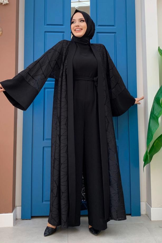 Tesettür giyim SİYAH DANTEL DETAYLI İKİLİ TULUMLU TAKIM T 2873 - TRENDTESETTÜR