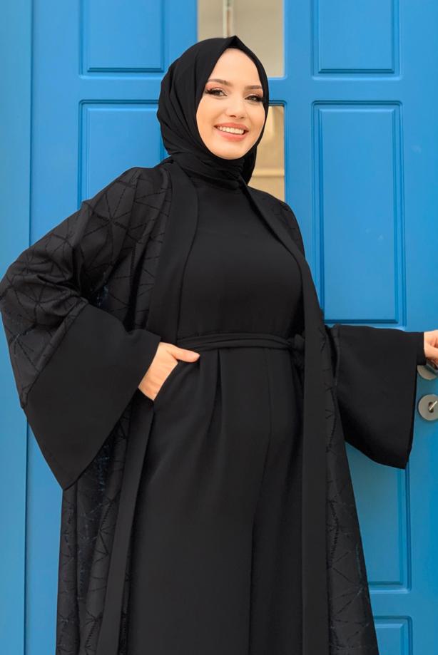 Tesettür giyim SİYAH DANTEL DETAYLI İKİLİ TULUMLU TAKIM T 2873 - TRENDTESETTÜR