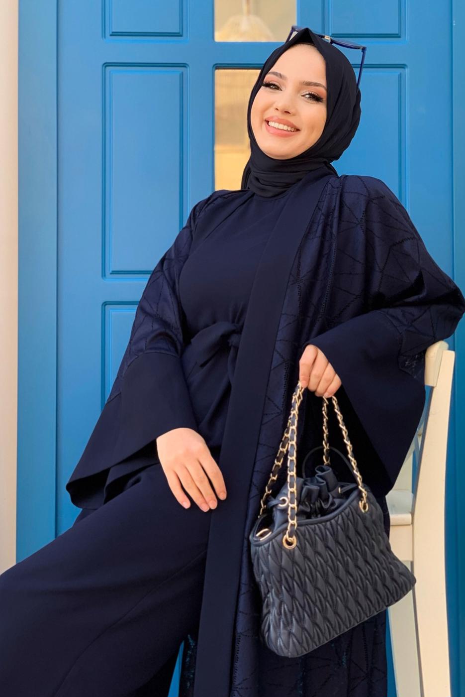 Hijab clothing NAVY BLUE LACE DETAIL 2-PIECE OVERALLS SUIT T 2873