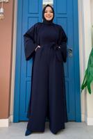 Hijab clothing NAVY BLUE LACE DETAIL 2-PIECE OVERALLS SUIT T 2873