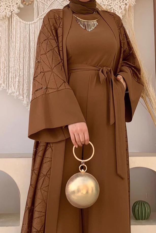 Tesettür giyim TABA DANTEL DETAYLI İKİLİ TULUMLU TAKIM T 2873 - TRENDTESETTÜR