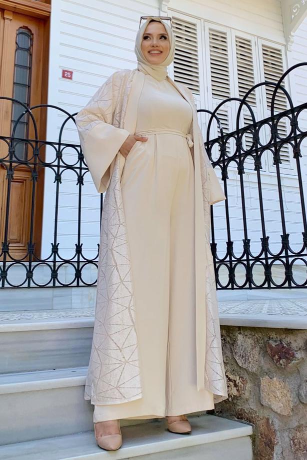 Tesettür giyim BEJ DANTEL DETAYLI İKİLİ TULUMLU TAKIM T 2873 - TRENDTESETTÜR