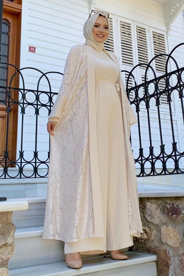 Tesettür giyim BEJ DANTEL DETAYLI İKİLİ TULUMLU TAKIM T 2873 - TRENDTESETTÜR